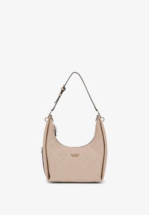 Beige handbag with a curved shape and embossed logo pattern. Features a single adjustable strap and metallic accents.