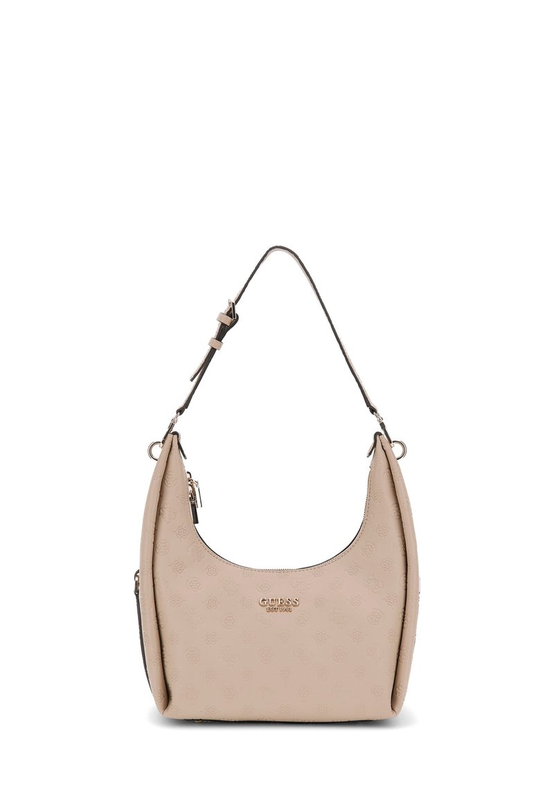 Beige håndtaske med en buet form og prægede logo mønstre. Har en enkel justerbar rem og metal detaljer.
