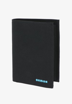 Portefeuille noir bifold avec une finition lisse et un petit logo bleu clair "oxmox" en bas à droite.