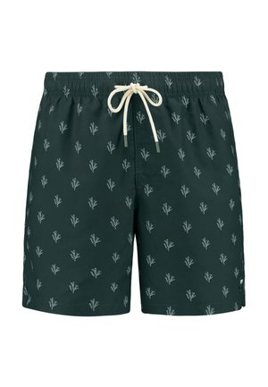 Pantaloni da bagno verde scuro con un sottile motivo floreale bianco, vita elastica con cordino crema e tasca laterale.