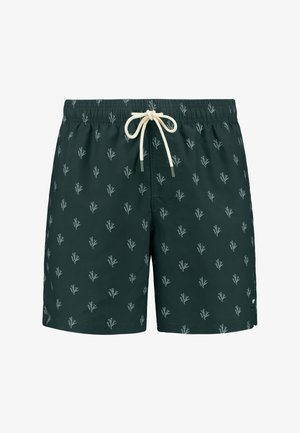 Temnozeleni kopalni šortsi z diskretnim belim rastlinskim vzorcem, elastičnim pasom in kremnim vrvico ter stranskim žepom.