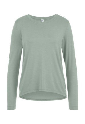 Light green long-sleeve crew neck shirt with a slightly curved hem, made of soft fabric.