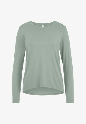 Light green long-sleeve crew neck shirt with a slightly curved hem, made of soft fabric.