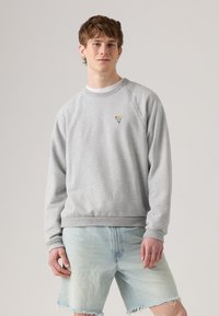 Felpa grigia realizzata in misto cotone con polsini e orlo ribattuti. Presenta un piccolo logo triangolare multicolore sul petto. Vestibilità casual.
