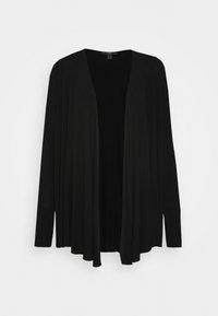 Czarny kardigan z długim rękawem, otwarty z przodu, o luźnym kroju i prążkowanych mankietach, wyeksponowany wiszący na jednolitym białym tle.