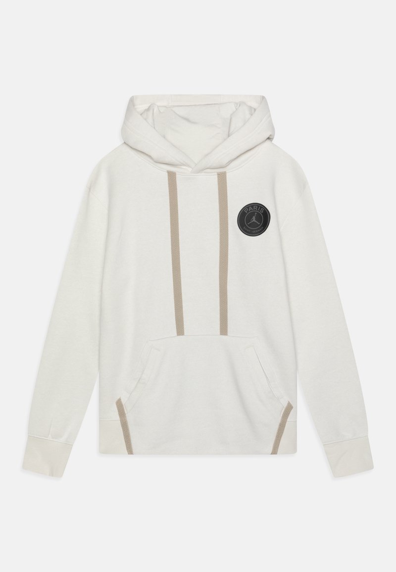 Sweat à capuche blanc avec cordon, deux bandes verticales beiges, poche kangourou avant, et un logo circulaire noir avec l'inscription "PARIS".