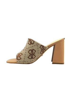 Mule open-toe in tessuto marrone con motivo, dotato di tacco a blocco. Presenta una texture intrecciata e un plantare color tan. Il design semplice ed elegante mette in risalto la silhouette curvata.