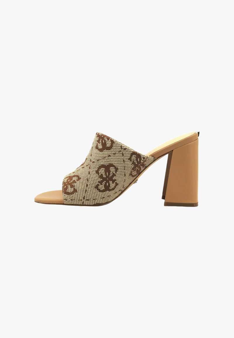 Mule open-toe in tessuto marrone con motivo, dotato di tacco a blocco. Presenta una texture intrecciata e un plantare color tan. Il design semplice ed elegante mette in risalto la silhouette curvata.