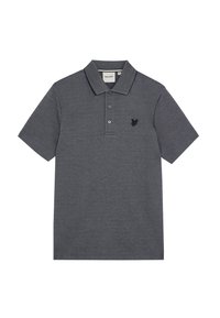 Grå polo shirt lavet af blødt bomuldsstof. Korte ærmer, klassisk krave, tre-knaps stolpe, har et lille mørkt logo på brystet.