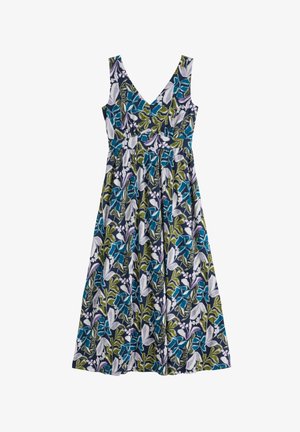 Abito con stampa floreale, scollo a V, spalline larghe e vita arricciata. Presenta foglie blu, verdi e bianche su uno sfondo blu navy. Tessuto in cotone.
