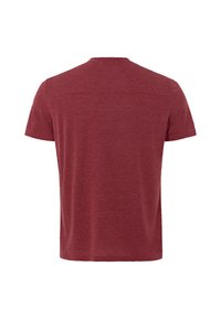 Bordeaux kortemouwen T-shirt van gemengd materiaal. Klassiek crew neck ontwerp met een gladde textuur. Achteraanzicht, zonder patronen of afbeeldingen.
