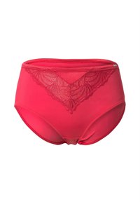 Roze hoogwaterondergoed gemaakt van gladde stof, met een kanten paneel met een golvend ontwerp aan de voorkant en een zachte elastische tailleband.