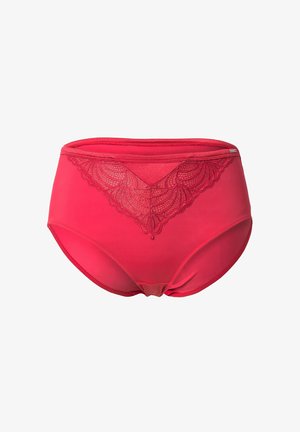 Mutandine rosa a vita alta in tessuto liscio, con un pannello in pizzo dal design smerlato sul davanti e una morbida fascia elastica in vita.