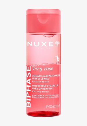 Butelka NUXE Very Rose Waterproof Eye and Lip Makeup Remover, różowy płyn, bez zapachu, z ekstraktem z róży, 100 ml.