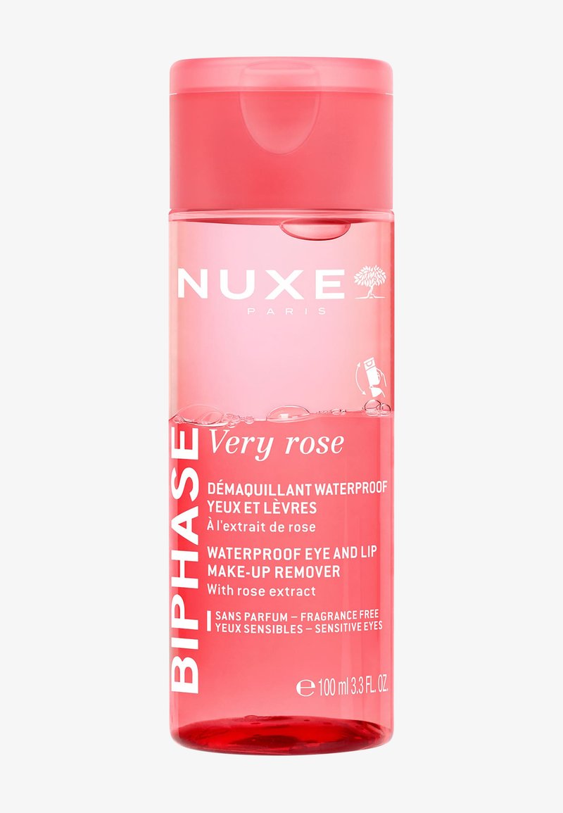 NUXE Very Rose Waterdichte Make-up Remover voor Ogen en Lippen, fles met roze vloeistof, geurvrij, met rozenextract, 100ml.