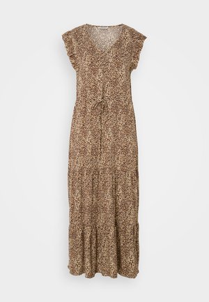 Maxi kleita ar brūnu un bēšu leopardu rakstu, ar V veida kaklu, plīvurotām piedurknēm un jostu viduklī; daudzslāņu svārku dizains.