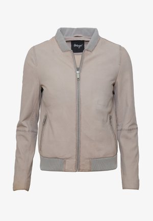 Lys grå læderjakke med lynlås foran, ribbede manchetter og krave. Har to sidelommer og en glat, let struktureret overflade.