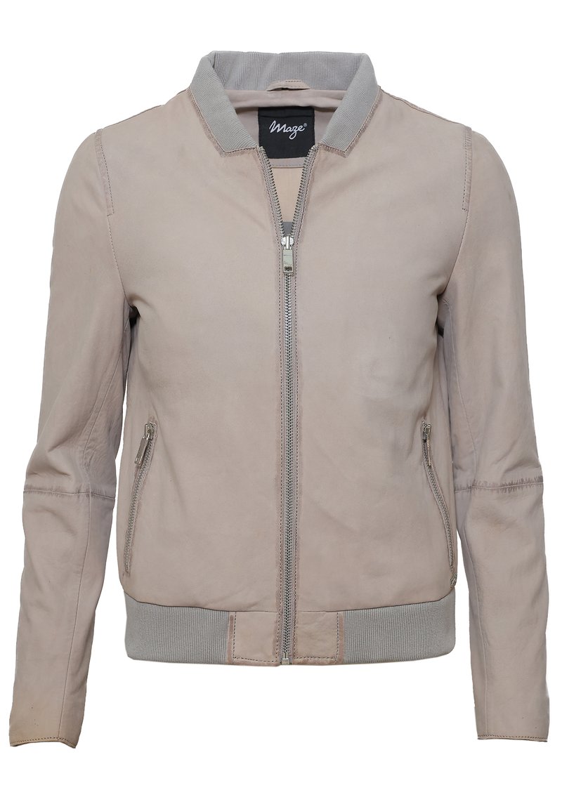 Hellgraue Lederjacke mit Reißverschluss, gerippten Bündchen und Kragen. Verfügt über zwei seitliche Taschen und eine glatte, leicht strukturierte Oberfläche.