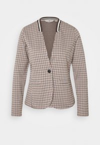 Teksturowana marynarka w wzór houndstooth, z czarnym guzikiem, otwartym przodem i paskowanym kołnierzem. Kolory obejmują odcienie beżu i brązu.