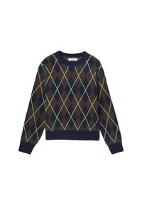 Pull en argyle marron et bleu marine avec des coutures vertes, col rond, poignets et ourlet côtelés. Confectionné en tissu tricoté avec une finition texturée.