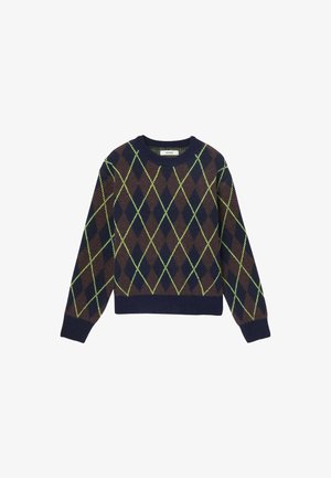Pull en argyle marron et bleu marine avec des coutures vertes, col rond, poignets et ourlet côtelés. Confectionné en tissu tricoté avec une finition texturée.
