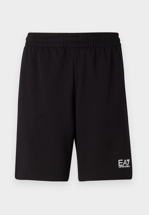 Schwarze Sportshorts aus weichem Stoff, mit einem elastischen Bund und einem kleinen weißen Logo auf der unteren rechten Seite.