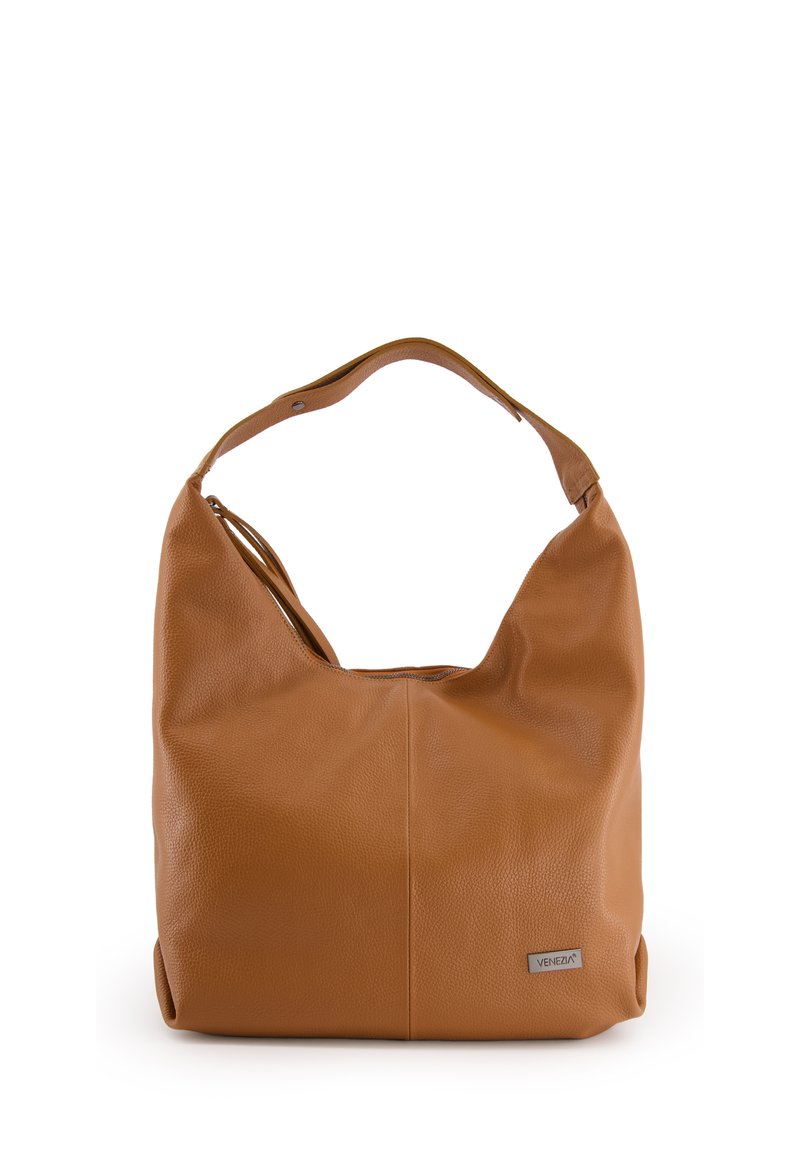Braune Leder-Schultertasche mit einer weichen Textur, Hobo-Stil-Design, gebogenem Griff und einem dezenten Logo-Detail an der Seite.