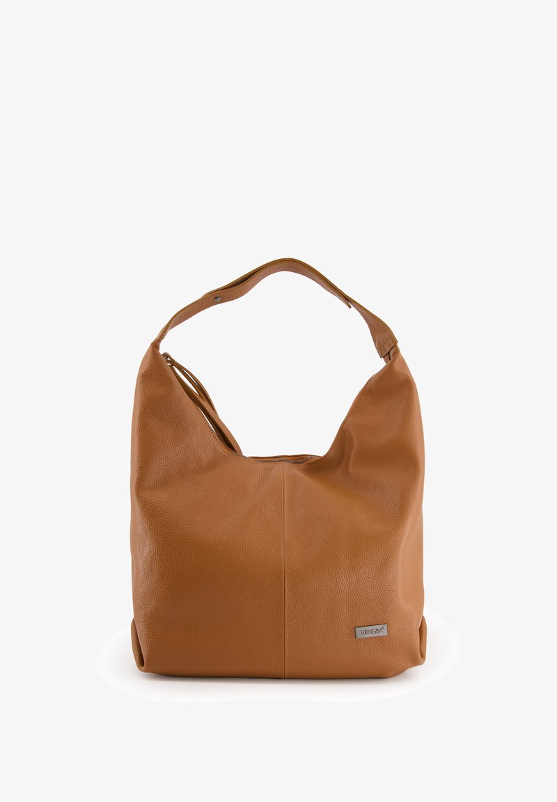 Braune Leder-Schultertasche mit einer weichen Textur, Hobo-Stil-Design, gebogenem Griff und einem dezenten Logo-Detail an der Seite.