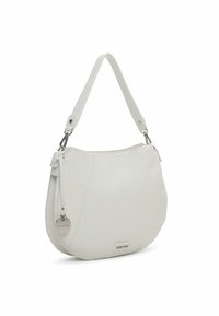 White leather shoulder bag with a textured surface, curved shape, top zipper closure, and a detachable charm for decoration.