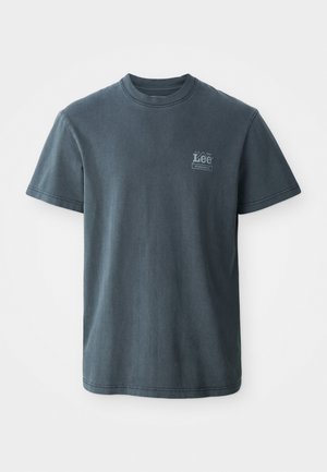 Dark gray cotton T-shirt with a crew neck, short sleeves, and a small printed logo on the left side. Classic fit with straight hem.