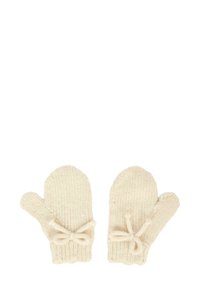 Gebreide crèmekleurige wanten met een geribbelde manchet, voorzien van een decoratieve strik. Zachte textuur en afgeronde vorm voor warmte en comfort.