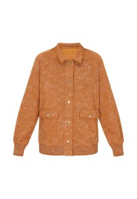 Orange, texturerad jacka med knappstängning framtill, ton i ton sömmar, två framfickor och krage. Ribbad manschetter och nederkant.