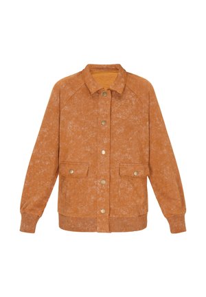 Orange, textured jacket with a button-up front, tonal stitching, two front pockets, and a collared neck. Ribbed cuffs and hem.