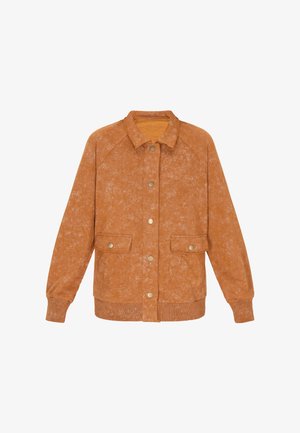 Orange, textured jacket with a button-up front, tonal stitching, two front pockets, and a collared neck. Ribbed cuffs and hem.