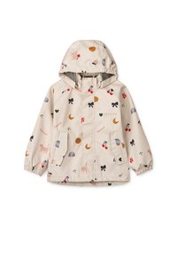 Vodoodporna bež jakna s kapuco, z igrivim vzorcem mačk, pentelj, soncev, češenj in mavric. Elastični manšeti in žepi.