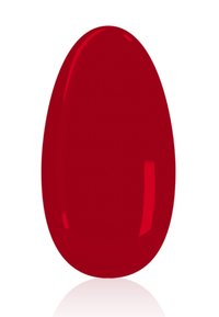 Glänzender roter Nagellack-Farbtest in ovaler Form mit glatter Textur und spiegelnder Oberfläche vor einem weißen Hintergrund.