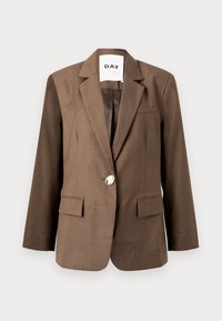 Καφέ σακάκι από υφασμένο ύφασμα, με ένα μοναδικό ασημί κουμπί, κομμένα πέτα και δύο μπροστινές τσέπες, με προσαρμοσμένη εφαρμογή.