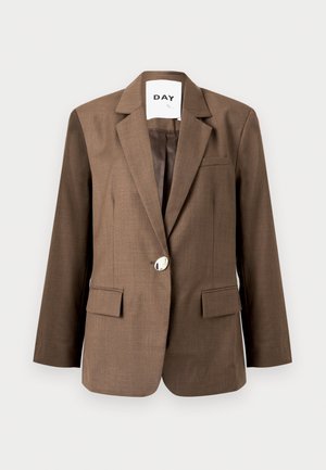 Καφέ σακάκι από υφασμένο ύφασμα, με ένα μοναδικό ασημί κουμπί, κομμένα πέτα και δύο μπροστινές τσέπες, με προσαρμοσμένη εφαρμογή.