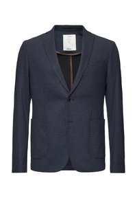 Blazer texturizado azul marino con un patrón sutil, dos bolsillos frontales, cierre de un solo botón y un forro interior en contraste.