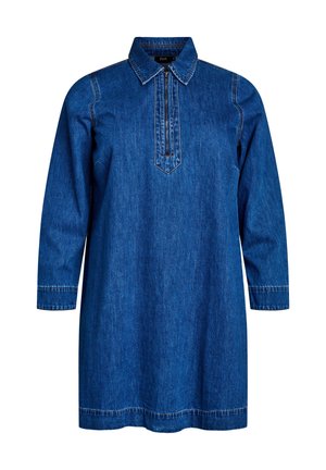 Abito in denim con collare e maniche lunghe, caratterizzato da un'apertura a mezza bottoniera e un taglio dritto. Colore blu scuro con cuciture a contrasto.