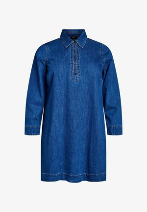 Abito in denim con collare e maniche lunghe, caratterizzato da un'apertura a mezza bottoniera e un taglio dritto. Colore blu scuro con cuciture a contrasto.