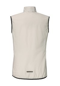 Leichte, ärmellose Weste in Off-White mit hohem Kragen, kontrastierenden schwarzen Akzenten, reflektierenden Details am Saum und glatter Textur.