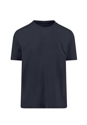 Marineblaue T-Shirt mit kurzen Ärmeln und Rundhalsausschnitt, mit einem dezenten kleinen Logo auf der linken Brust.