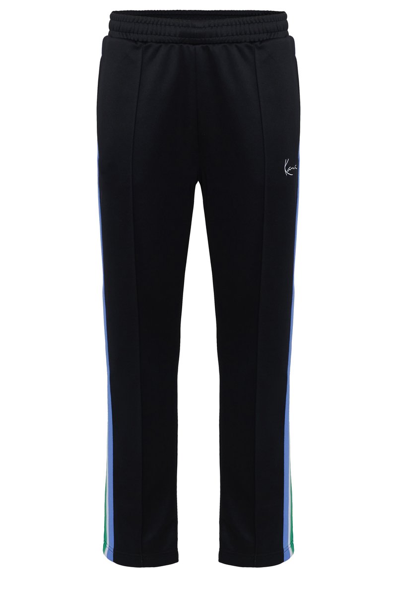 Pantalones deportivos negros con cintura elástica, franjas laterales en azul y verde, y un pequeño logo blanco en el muslo derecho.