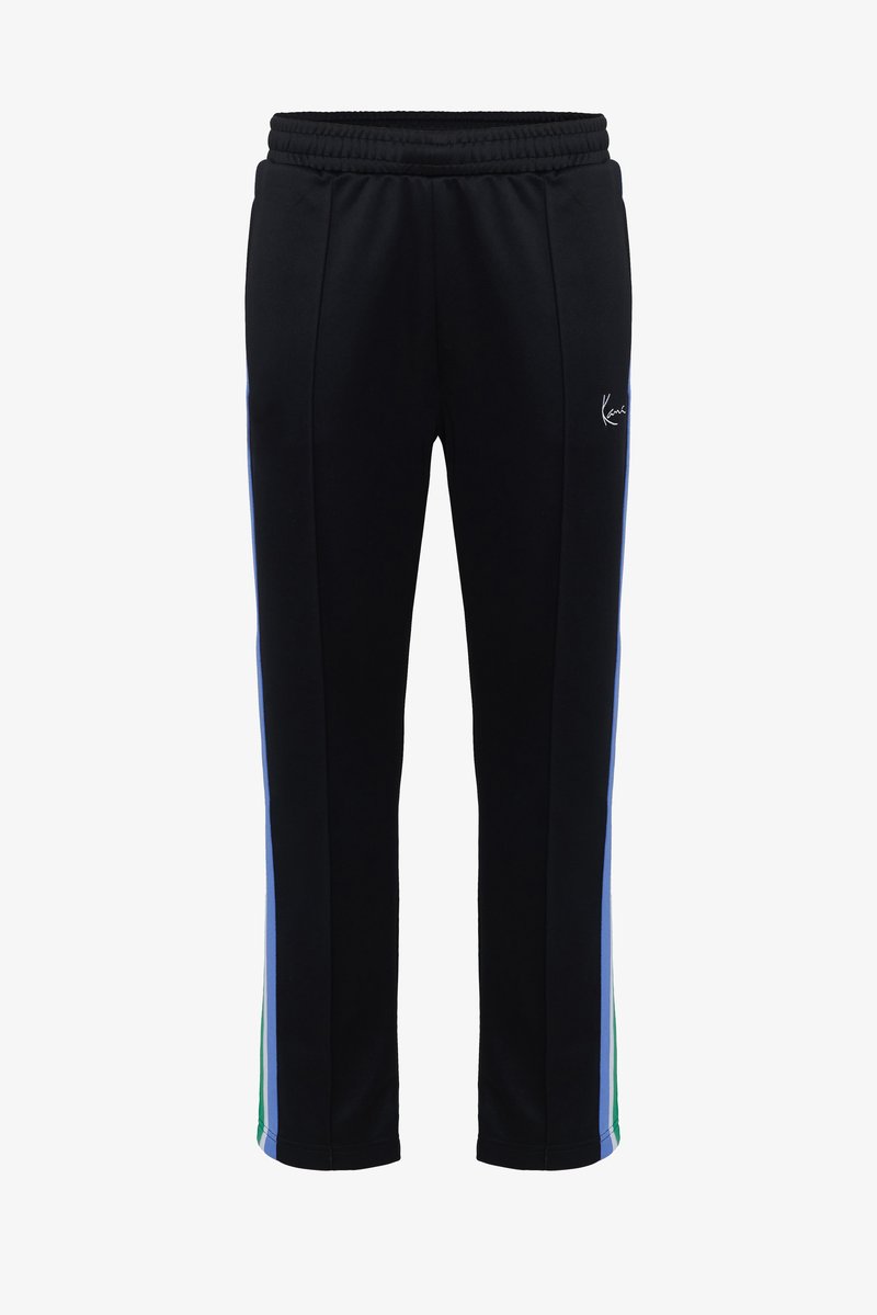 Fekete melegítőnadrág gumis derékrésszel, kék és zöld oldalsávokkal, valamint apró fehér logóval a jobb combon.