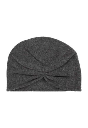 Gray knitted headband with a twisted front design. Soft texture and rounded shape, designed to fit snugly around the head.
