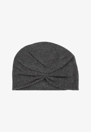 Gray knitted headband with a twisted front design. Soft texture and rounded shape, designed to fit snugly around the head.