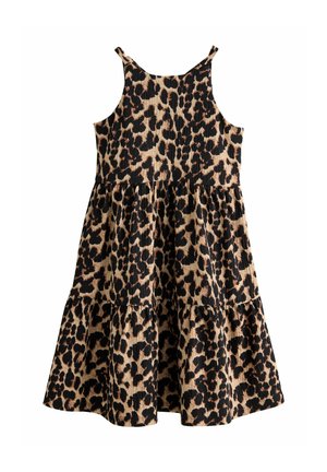 Leopardmønstret kjole med beige og sort ribbet tekstur, der har tynde stropper og et stribet skørtdesign.