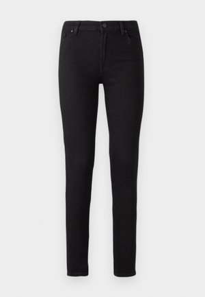 Mustan skinny-farkut, jotka on valmistettu denimiä, sisältävät klassisen viiden taskun suunnittelun, nappikiinnityksen ja sileän pinnan.