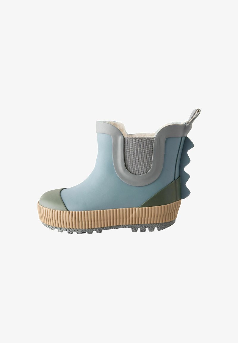 Light blue ankle rain boot with beige ribbed sole, green toe cap, gray elastic side panel, and textured heel grip against white background.
